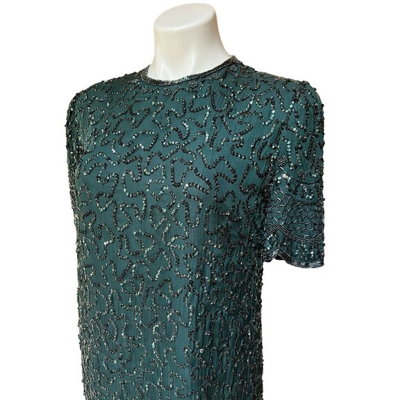 Vintage 90s NWT Beaded Sequin Soutache Cocktail Dress Emerald Green Size S/M - Picture 2 of 12